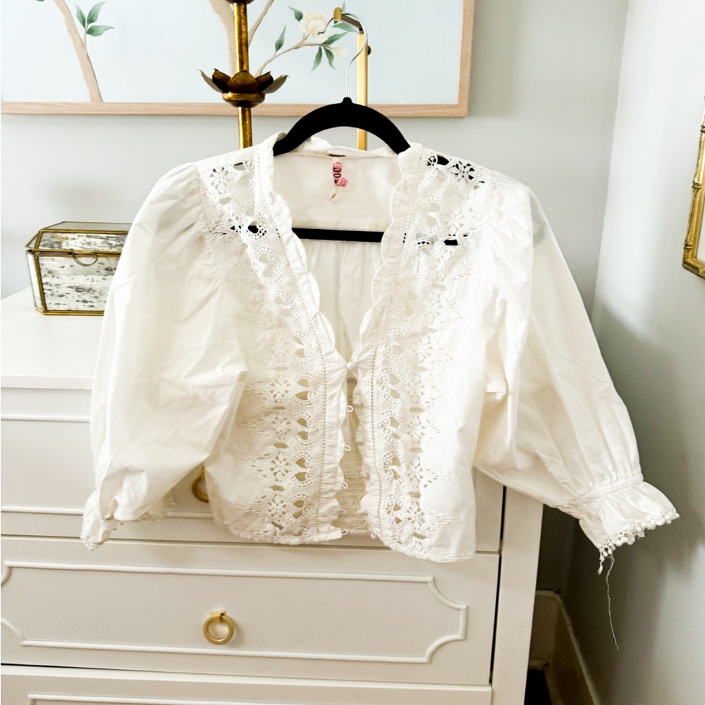 FREE PEOPLE LACE EMBROIDERY PUFF SLEEVE CORSETED TOP XS